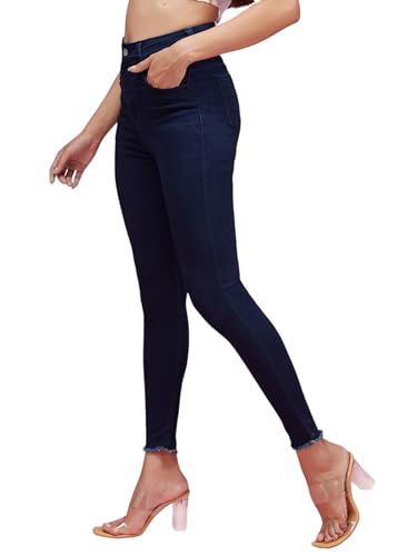 Image of Miss Chase Women's Skinny High Rise Cropped Fringed Hemline Stretchable Denim Jeans (MCAW24DEN94-45-71-30, Navy Blue, 30)