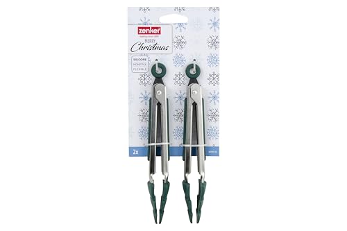 Zenker Christmas Mini Silicone Tongs, Set of Two Kitchen Tongs, Push Pull Locking Mechanism, Stainless Steel Handle with Rubber Silicone Grip, Function Head Xmas Tree, Green, 20.5x4x2.6cm