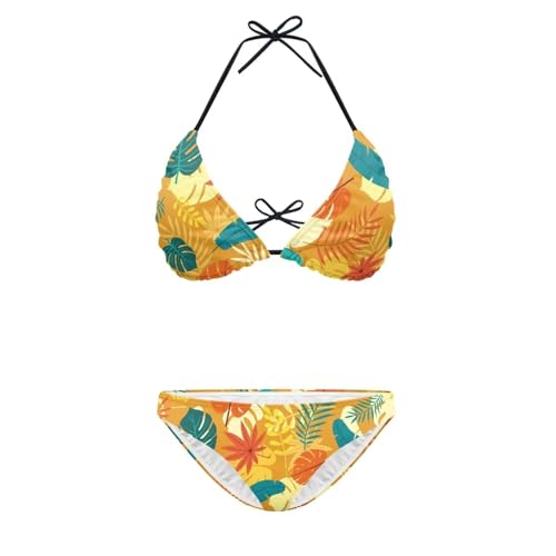 Suhoaziia Tropical Leaves Women Two Piece Swimsuit Sexy Triangle Swimwear Cheeky High Cut Thong Bikini Sets Back Self Tie Spaghetti Straps
