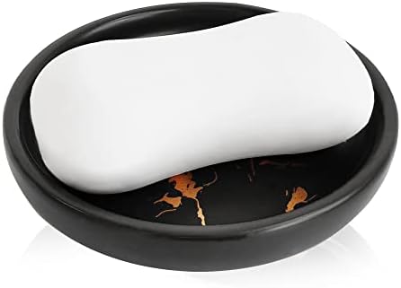 Round Ceramic Marble Soap Tray, Modern Design Soap Holder for Bathroom or Kitchen, Container for Sponges, Hand Soap Dish, Women Trinket Plate (Black)