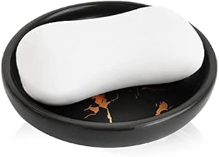 Round Ceramic Marble Soap Tray, Modern Design Soap Holder for Bathroom or Kitchen, Container for Sponges, Hand Soap Dish, Women Trinket Plate (Black)