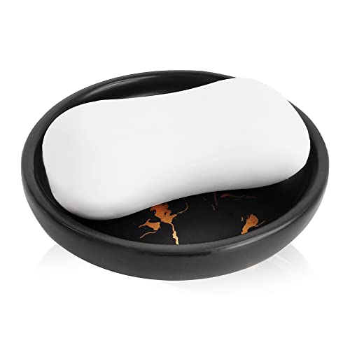 Porte-savon rond en céramique marbre, design moderne pour salle de bain ou cuisine, récipient pour éponges, porte-savon pour les mains, plateau à bijoux pour femme (noir) Cover