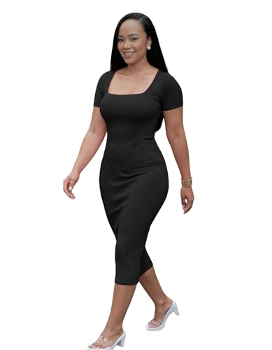 Image of TOPSRANI Women Sexy Midi Dress Bodycon Casual Sleeveless Basic Ruched Tank Summer Club Party Dresses