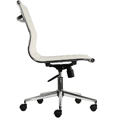 2Xhome - Mid Back Height Modern Office Chair, Armless Ribbed Pu Leather Seat With Swivel Tilt Adjustable Chrome Base - Executive Conference Room Task Chair Pearl (White) #TOP7