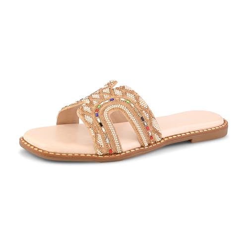 Image of Centrino Women's Beaded Flat Sandals | Stylish Gold Crystal Slip-On with Ornate Cutout Design | Soft Cushioned Footbed |Elegant & Trendy Open Toe Slip-On | Luxury Footwear for Wedding /Party (9301)