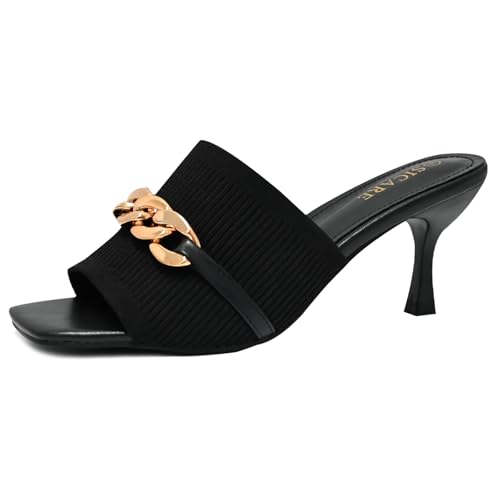 Square Peep Toe Kitten Heels for Women Elastic Knit Low Heel Mules Comfortable Slip on Heeled Sandals Casual Metal Chain Mule Sandal Dressy Shoes for Wide Feet
