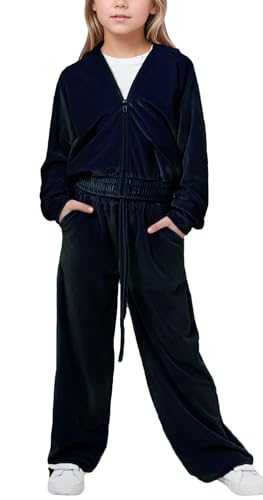 Happy Cherry Girls 2 Piece Velour Fleece Sweatsuit Kids Winter Warm Hooded Clothes Set Sports Velvet Zip Up Tracksuit - Main Image