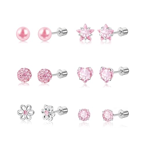 Daili 6 Pair Toddler Earrings,Hypoallergenic Screw Back Earrings For Girls Women,Sensitive Ears With Surgical Stainless Steel Post,Cute Pink Heart Cz Star Flower Pearl Ball Tiny Flat Back Stud Earring cover