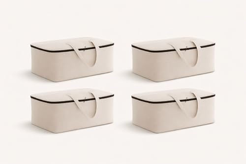 Image of TAKIVA Cotton Canvas Foldable Bed Storage Organizer Pack Of 4 | Quilt Storage Bags Big Size, Blanket Storage Of Extra Large, Underbed Storage Bag For Clothes (60 X 45 X 22 Cm), Off-White