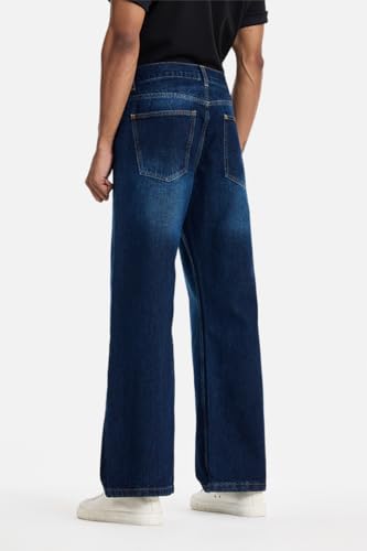 Image of SNITCH Men Flared Fit Jeans | Mid Rise Stone-Washed Denim with Raw Frayed Hem & 5-Pocket Design | 100% Cotton Woven Fabric for Casual & Everyday Wear