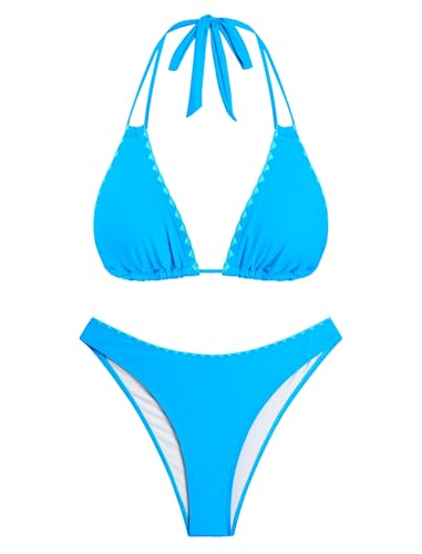 Image of ZAFUL Women Halter Dual Straps Whip Stitch Floral Triangle Bikini Swimsuits