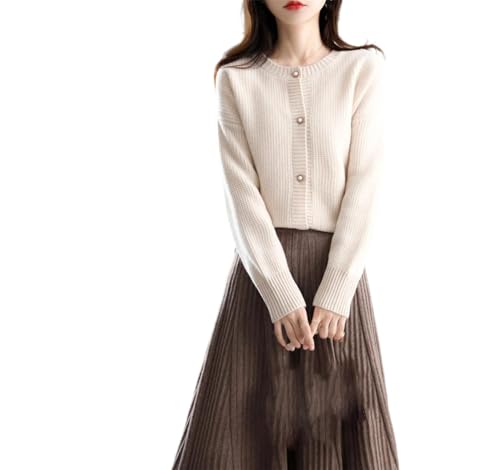 Cárdigan de punto de manga larga para mujer, cuello redondo, color liso, suéter de cachemira liso para mujer, beige, 5XL