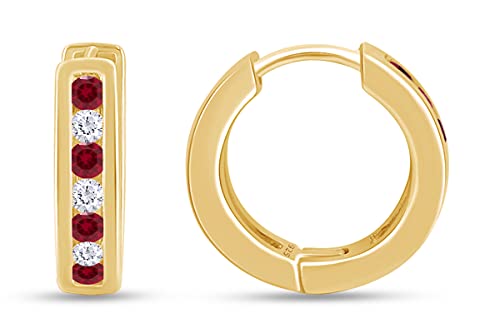 Huggie Earrings for Women, 14K Gold Over Sterling Silver Hoop Earrings with Simulated Ruby and White Cubic Zirconia, Dainty Elegant Jewelry Gift2