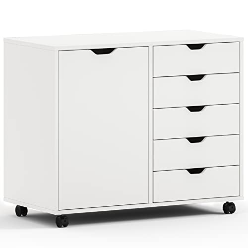 Maxtown 5 Drawer Mobile Storage Cabinet, Wood Dresser Chest with Door, Printer Stand with Storage Shelves for Home Office, White