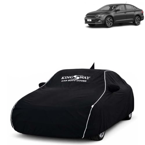 Image of KINGSWAY Super Waterproof Car Cover Only with Virtus (Year 2022 Onwards - All Model) | Mirror and Antenna Pockets | All Weather Car Body Cover with Silver Piping | Black