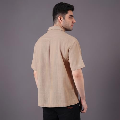 Image of Urban Scottish Men's Shirt, Cotton Dobby, Half Sleeve Oversized Fit, Soft Breathable Fabric, Lightweight Casual Summer Shirt, Stylish Relaxed Wear Khaki