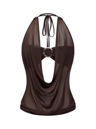 SweatyRocks Womens Sheer Mesh Halter Tops Rave Draped Y2K Sexy Outfits