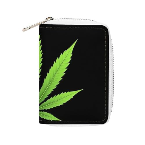 Women's Portable Card Holder Wallet, Pu Leather Credit Card Organizer Bag with 20 Slots Just Smoke Green Weed Leaf Leaves Black Zipper Slim Coin Purse