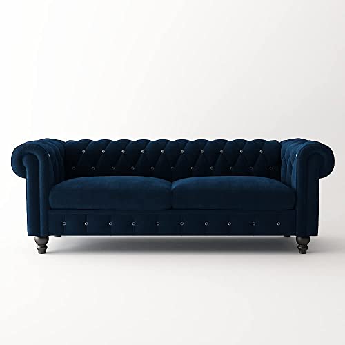 Image of Dime Store Wooden Chesterfield Sofa 3 Seater with Button Tufted Design Solid Wood Frame Upholstered Couch with Rolled Arms | Luxury Living Room Sofa for Home, Office, Lounge & Reception (Blue)