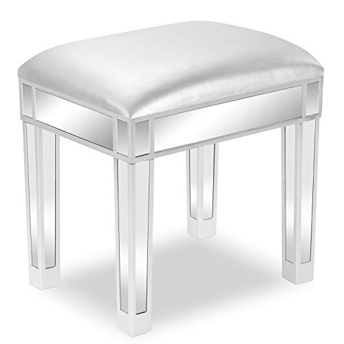 Image of VINGLI Mirrored Vanity Stool with Storage, Faux Leather Ottoman, Makeup Dressing Table Bench, Silver