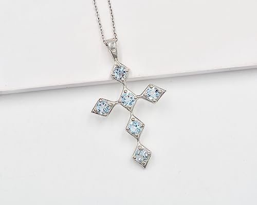 Natural 5 MM Round Aquamarine Gemstone Holy Cross Pendant Necklace 925 Sterling Silver March Birthstone Aquamarine Jewelry Bridal Necklace Gift For Her (PD-8565)2