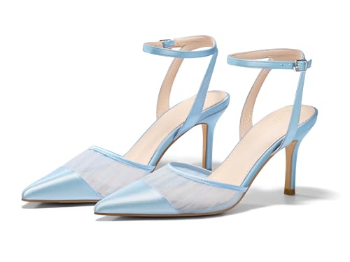 Coutgo Womens Closed Toe High Heels Mesh Satin Pointed Toe Dress Shoes Ankle Strap Pacthwork Wedding Pump Shoes Blue Size 7.5