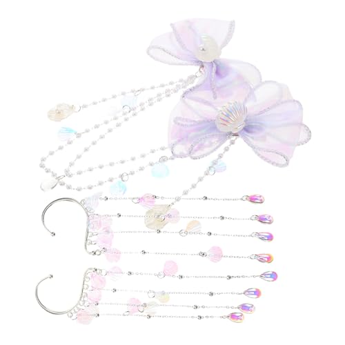 DRESSOOS 可愛い美人魚デコレーション付きキッズ用パール人工タッセル蝶結びヘアピン額飾りチェーンヘッドジュエリー子供用おしゃれ髪飾り