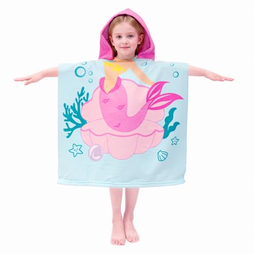 Image of growell Hooded Kids Beach Towels - Toddler Bath Towel Girls Boys Swim Cover-ups for Ages 1 to 6 Kids Pool Towels Quick Dry Lightweight Soft Microfiber Poncho Towel 24x23 (Mermaid Seashell)