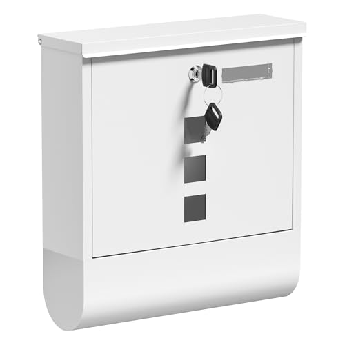 Wiltec Briefkasten mit Zeitungsrolle, weiß, 305 x 95 x 335 mm, Wandbriefkasten mit Namensschild, Sichtfenstern, Schloss und Zeitungsrolle, Postkasten aus pulverbeschichtetem Stahl