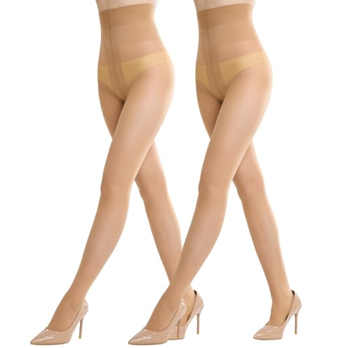 Aaronano 2 Paar Strumpfhosen für Damen 10 Denier Feinstrumpfhose Transparente Nylonstrumpfhose Natur L-XL