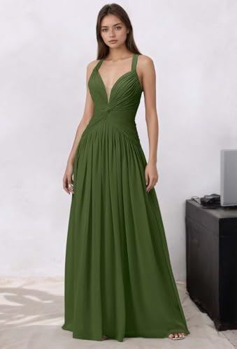 Jamille A-Line Ruched Bridesmaid Dresses for Women Long 2025 V-Neck Party Gown Chiffon Pleated JA02903