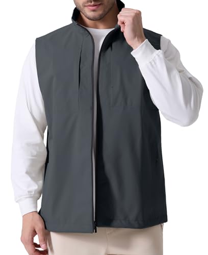 Susclude Men's Quick Dry Lightweight Softshell Vest Windproof Sleeveless Jacket for Fishing Work Golf Hiking Casual Travel Running Deep Grey