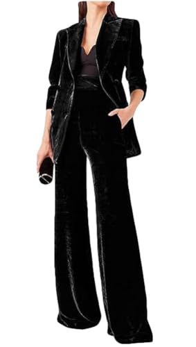Womens Velvet Pant Suit 2 PC Double Breasted Prom Tuxedos Peak Lapel Office Work Outfit Formal Suit Black M