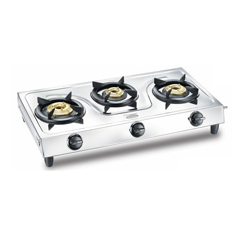 Prestige Prime Jumbo 3B L.P Gas Stove With Stainless Steel Body and 3U Brass Burners Silver|Tri-Pin Burners|Ergonomic Knob Design |2 Years Warranty