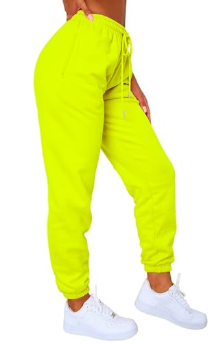 Waitfairy Pantalon de survêtement pour Femme - Pantalon de Jogging Ample Taille Haute avec Poches, Vert Citron Fluo, Taille L