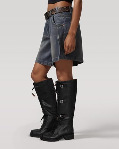 MUCCCUTE Knee High Boots Women Moto Boots Tall Square Toe Slip On Chunky Low Heel Biker Riding Boots Fashion3