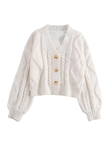 OYOANGLE Girl's Cable Knit Cardigan Sweaters Bishop Long Sleeve Button Down Knit Sweater Outerwear