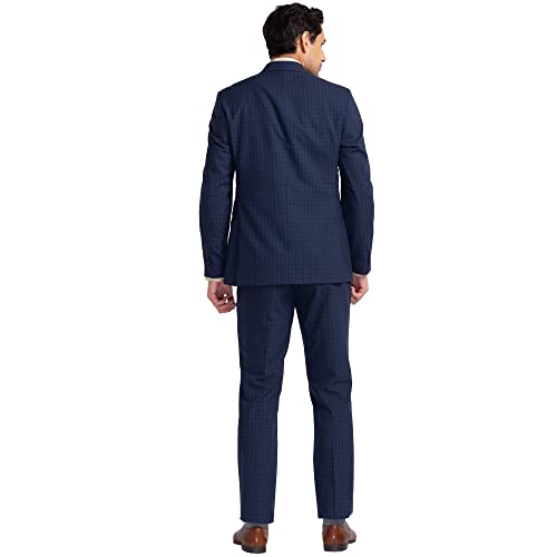 Image of Raymond Men's Contemporary Fit Poly Wool Blend Notch Lapel Checks Pattern Full Sleeve Dark Blue Formal Suit