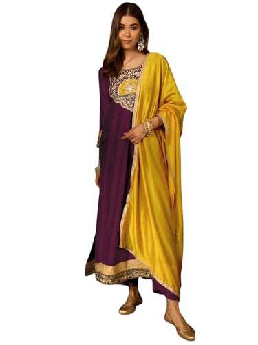 Image of Naixa Women's Vichitra Silk Embroidered A-Line Kurta with Pant | Yellow Vichitra Silk Laced Dupatta Set | 3 /4 Sleeve | Round Neck | Festive | Haldi Wear (Available in Plus Size)