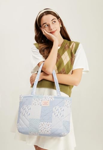 Image of Floral Quilted Cotton Shoulder Bag for Women Daily Use Medium Size Handbag Large Capacity Thickened Design Tote