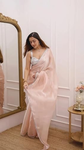Image of Amazon Brand - Tavasya Women's Baby Pink Jimichu Silk Saree with Elegant Lace Embroidery Work and Satin Blouse Piece - Perfect for Weddings, Parties & Festive Occasions