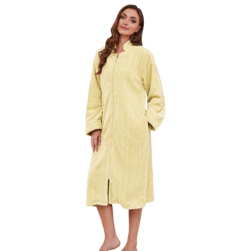 Image of LYCY Women Plush Zipper Robe Long Warm Fleece House Coat Nightgown | Comfy Solid Bathrobe with Pockets, Anti-Static Design Robes, Relaxed Fit for Every Body