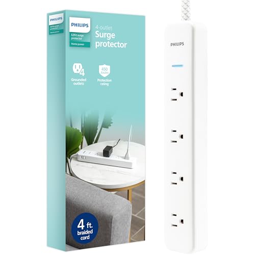 Philips 4-Outlet Surge Protector Power Strip, 4 Ft Braided Extension Cord, Multi Plug Outlet Extender, Adapter-Spaced, 450 Joules, White, SPP3563W/37