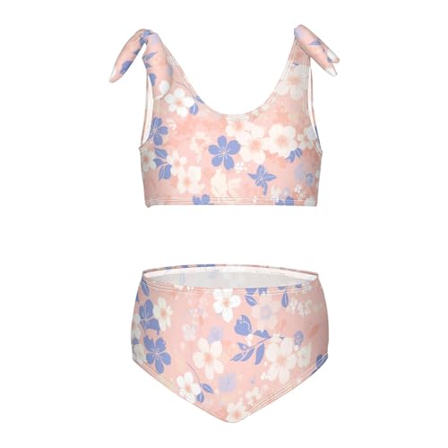 KLL Floral Lace Girls Two Piece Bikini Sets Scoop Neck Swimsuits Swimming Suits Adjustable Shoulder Strap