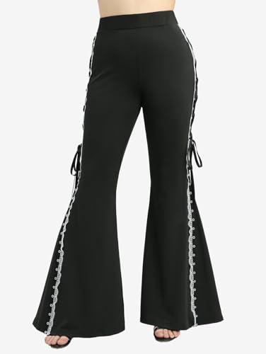Rosegal Plus Size Women Elastic High Waisted Flare Pants Lace-up Lace Hem Bell Bottom Pants2