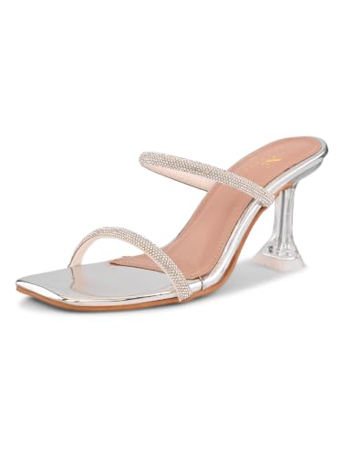Image of XE Looks Women's Rhinestone Double Strap Slip-On Heeled Sandals with Transparent Sculpted Heel | Soft Cushioned Footbed | Elegant Open Square Toe Sandals for Girls & Women