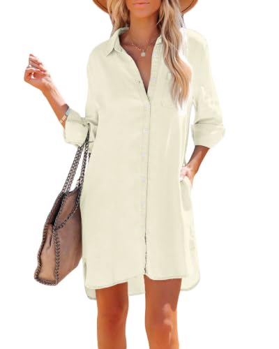 Image of Paintcolors Women's Long Sleeve Silk Denim Button Up Dresses Shirt Tunics Cover-ups Oversized Blouse Tops with Pockets