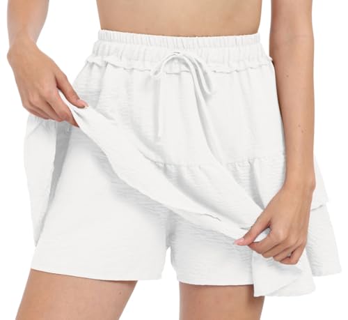 PrinStory Women's Mini Skirt High Waisted Ruffle Skirt Flared Short Skorts A-Line Cupcake Skorts With Drawstring (White, XS) - Image 2