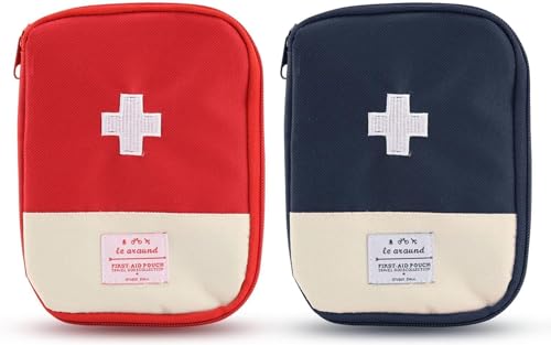 Image of TOURISTIANO Polyester First Aid Kit Bag Empty First Aid Pouch Mini Portable Medical Bag for Hiking Outdoor Camping Travel Multifunction Emergency Medicine Storage Bag (Pack of 2, Red and Blue)