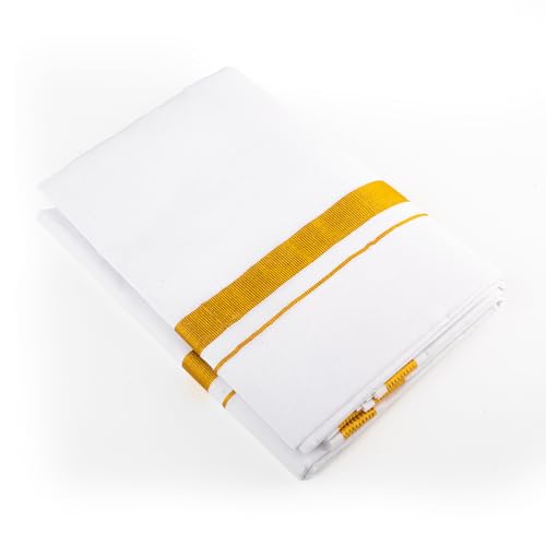 Dhoti indien traditionnel blanc en coton avec grande bordure - 2